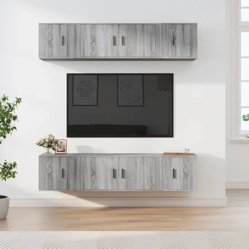 TV spintelių komplektas, 6 dalių, pilkas ąžuolo, mediena