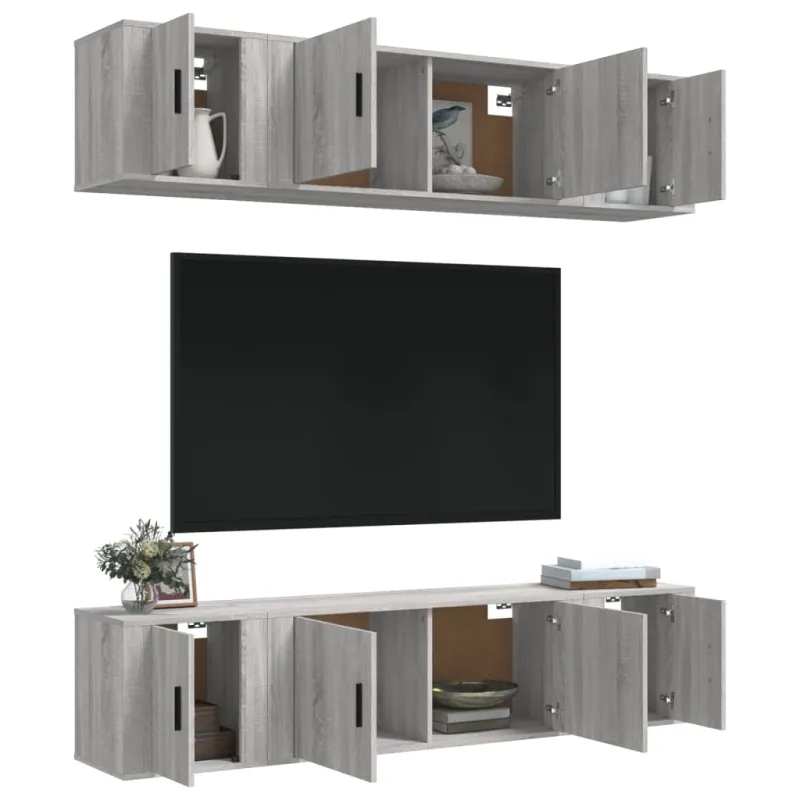 TV spintelių komplektas, 6 dalių, pilkas ąžuolo, mediena