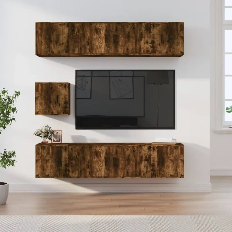 TV spintelių komplektas, 7 dalių, dūminio ąžuolo, mediena