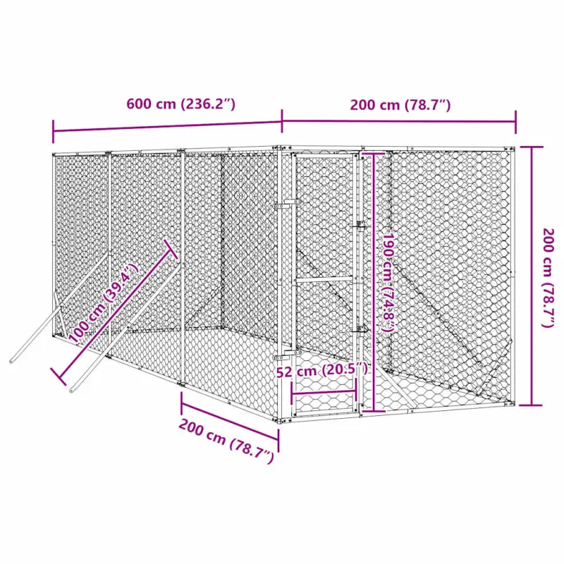 Lauko voljeras šunims, sidabrinis, 2x6x2m, plienas