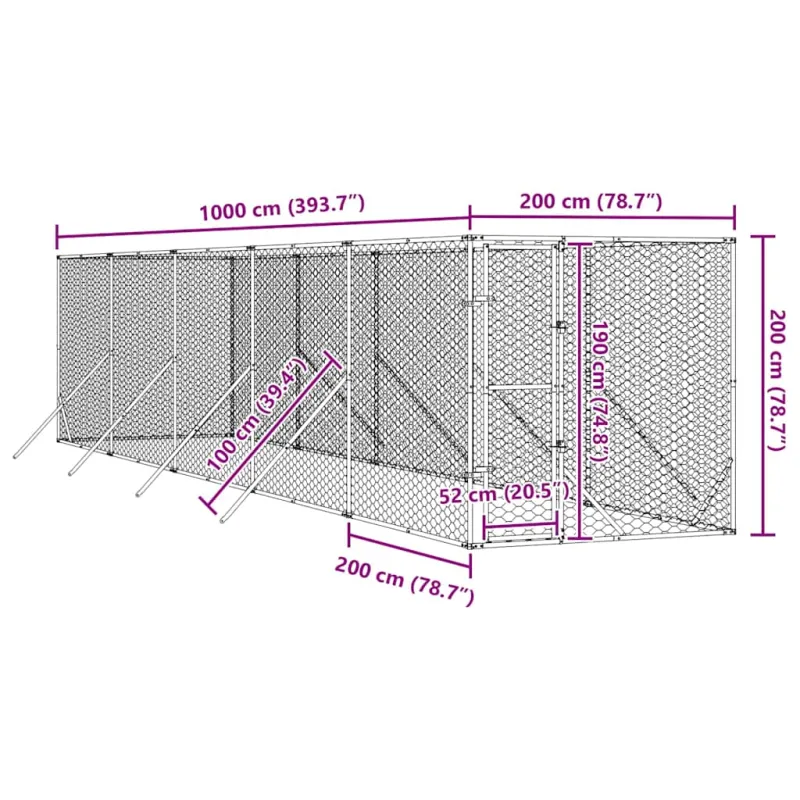 Lauko voljeras šunims, sidabrinis, 2x10x2m, plienas