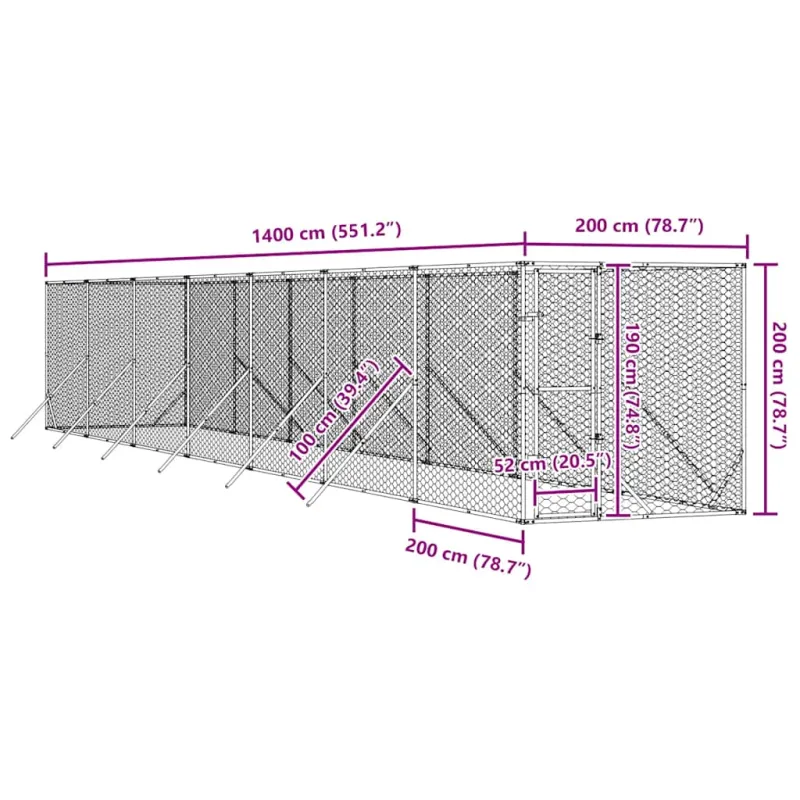 Lauko voljeras šunims, sidabrinis, 2x14x2m, plienas