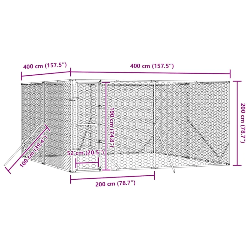 Lauko voljeras šunims, sidabrinis, 4x4x2m, plienas