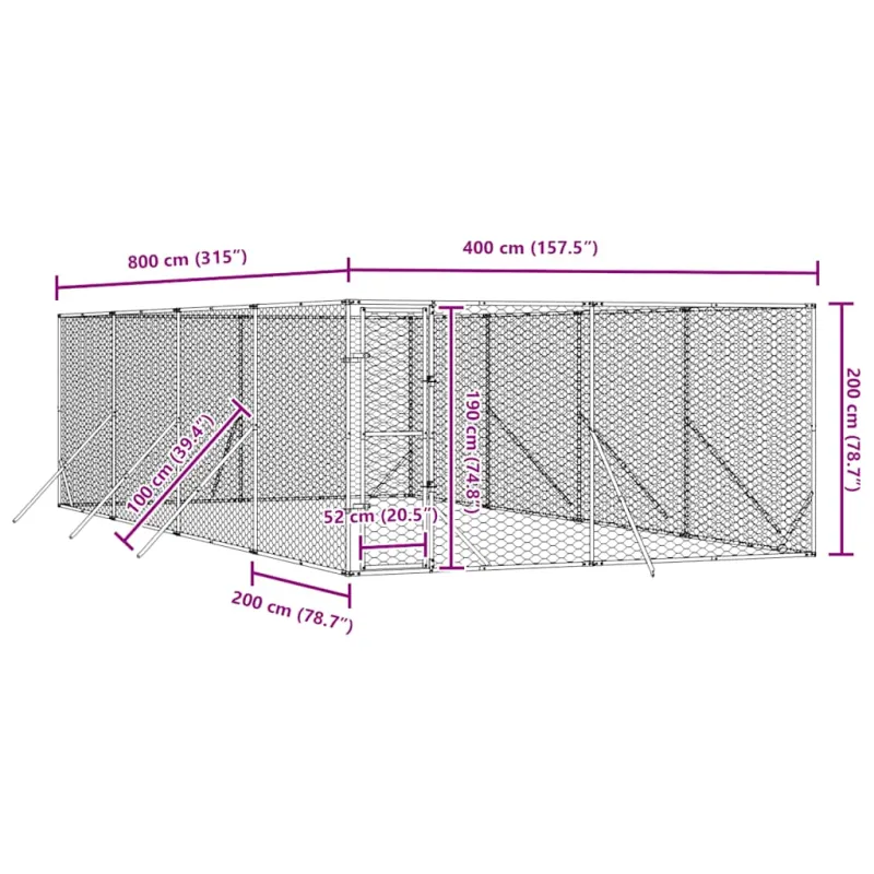 Lauko voljeras šunims, sidabrinis, 4x8x2m, plienas