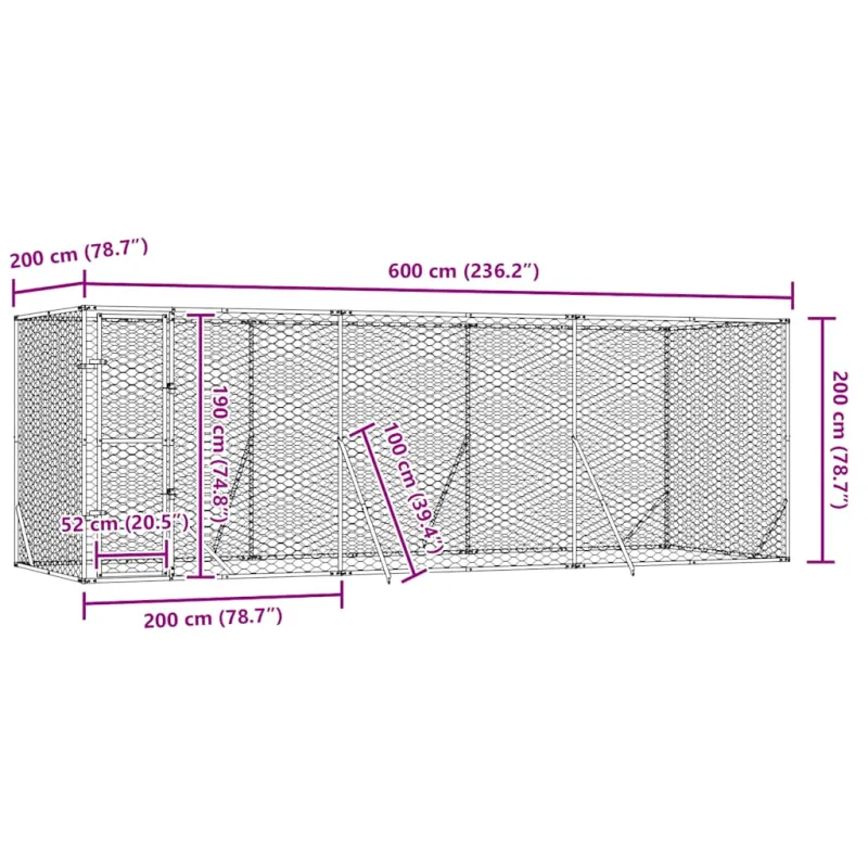 Lauko voljeras šunims, sidabrinis, 6x2x2m, plienas