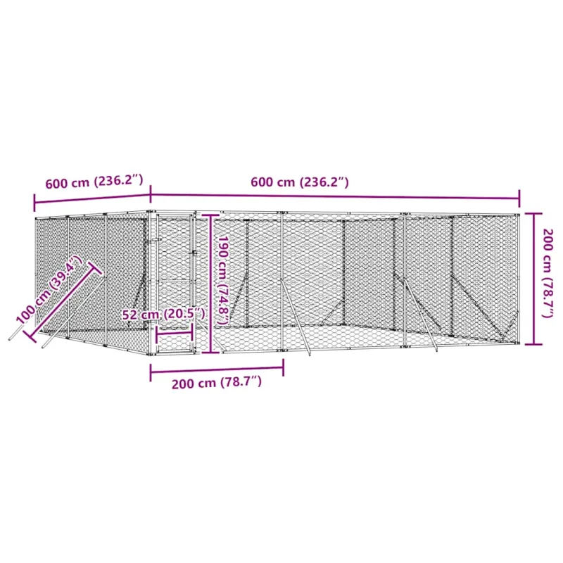 Lauko voljeras šunims, sidabrinis, 6x6x2m, plienas