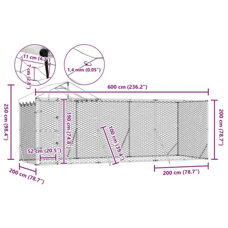 Lauko voljeras šunims su stogu, sidabrinis, 6x2x2,5m, plienas