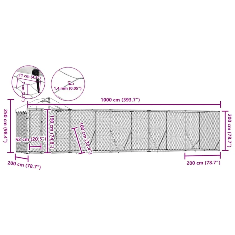 Lauko voljeras šunims su stogu, sidabrinis, 10x2x2,5m, plienas