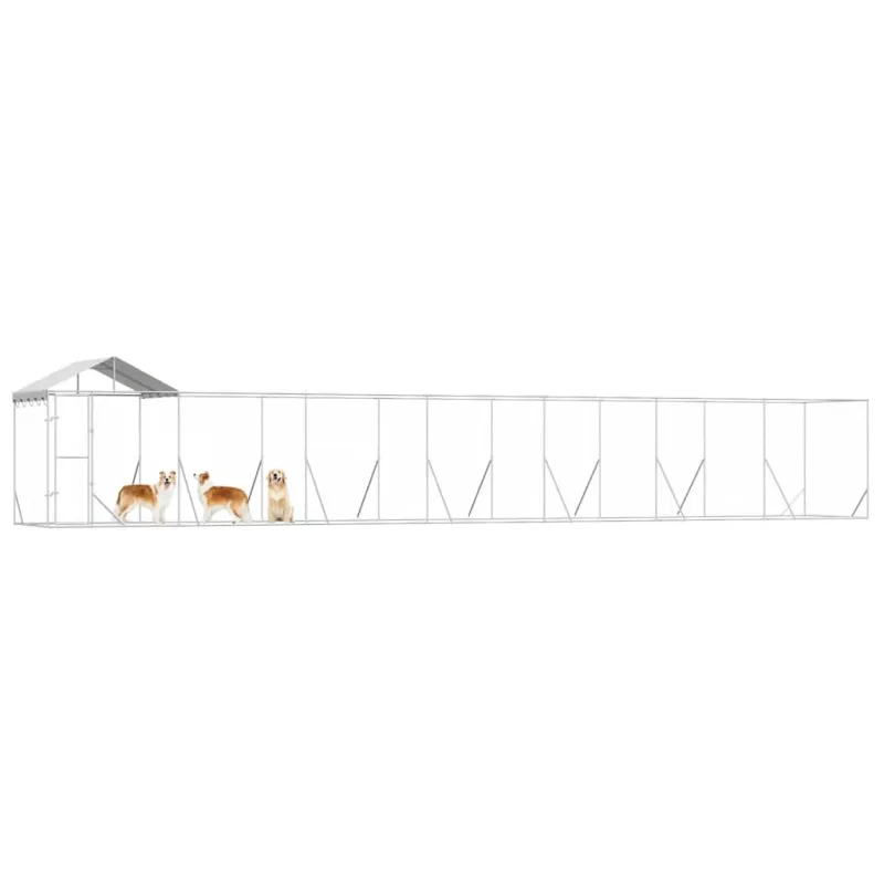 Lauko voljeras šunims su stogu, sidabrinis, 14x2x2,5m, plienas
