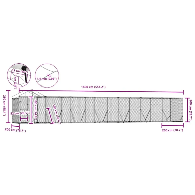 Lauko voljeras šunims su stogu, sidabrinis, 14x2x2,5m, plienas