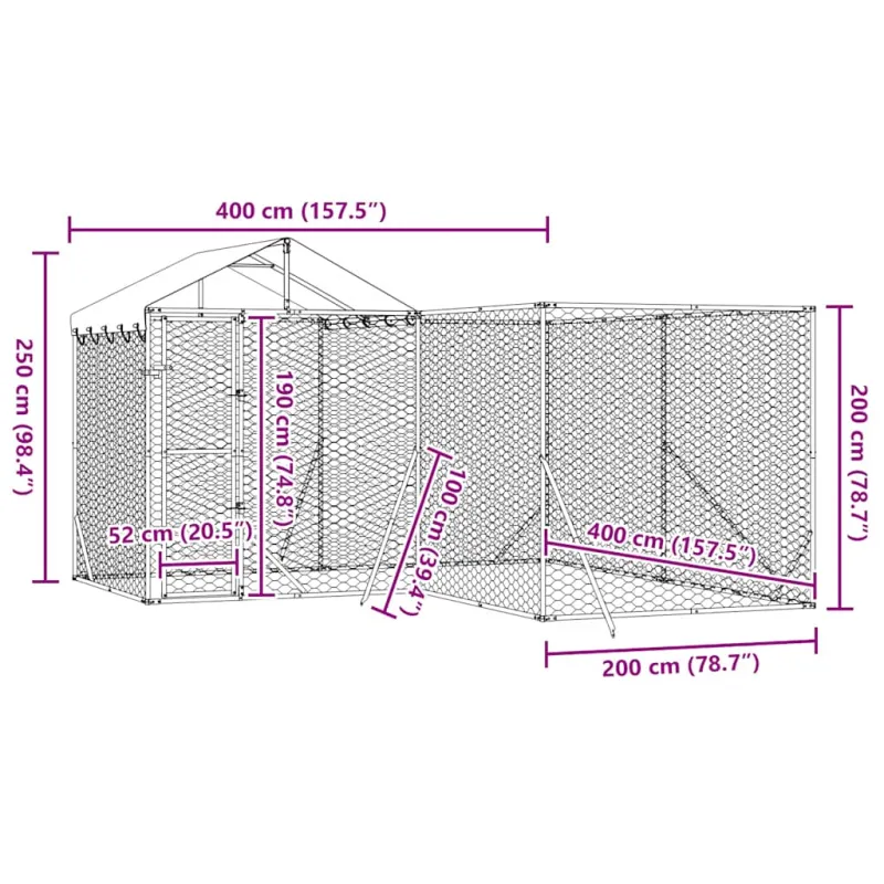 Lauko voljeras šunims su stogu, sidabrinis, 4x4x2,5m, plienas
