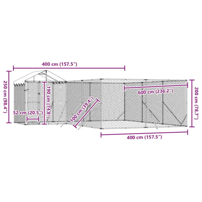 Lauko voljeras šunims su stogu, sidabrinis, 6x6x2,5m, plienas