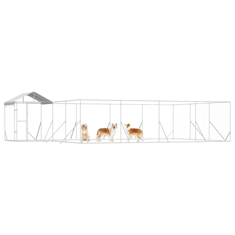 Lauko voljeras šunims su stogu, sidabrinis, 10x6x2,5m, plienas