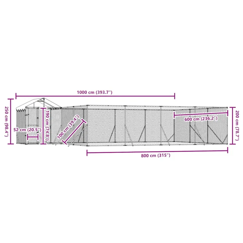 Lauko voljeras šunims su stogu, sidabrinis, 10x6x2,5m, plienas