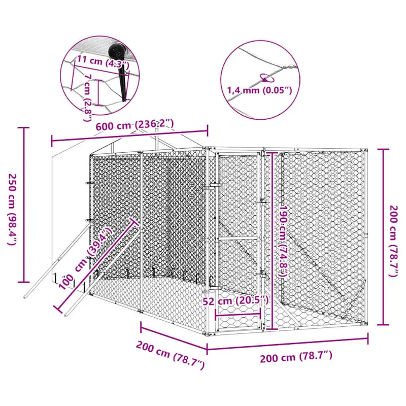 Lauko voljeras šunims su stogu, sidabrinis, 2x6x2,5m, plienas