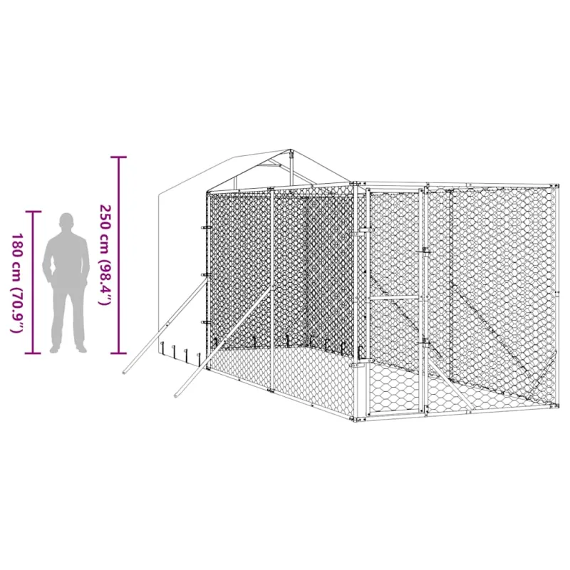 Lauko voljeras šunims su stogu, sidabrinis, 2x6x2,5m, plienas