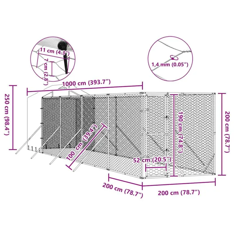Lauko voljeras šunims su stogu, sidabrinis, 2x10x2,5m, plienas