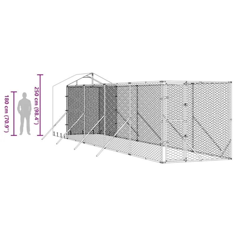 Lauko voljeras šunims su stogu, sidabrinis, 2x10x2,5m, plienas