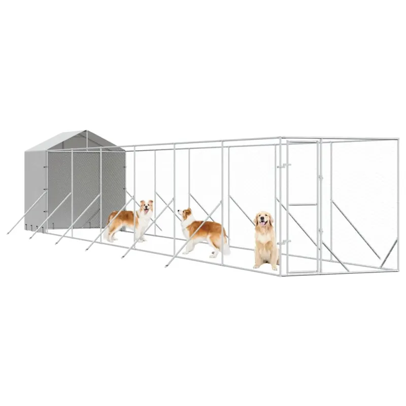 Lauko voljeras šunims su stogu, sidabrinis, 2x14x2,5m, plienas