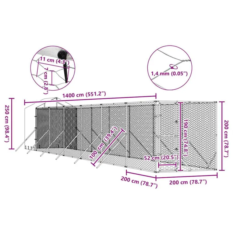 Lauko voljeras šunims su stogu, sidabrinis, 2x14x2,5m, plienas