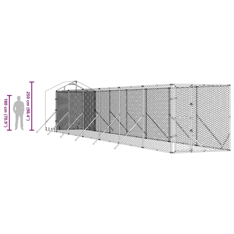 Lauko voljeras šunims su stogu, sidabrinis, 2x14x2,5m, plienas
