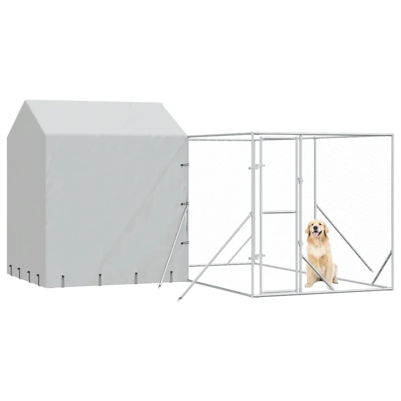 Lauko voljeras šunims su stogu, sidabrinis, 4x4x2,5m, plienas