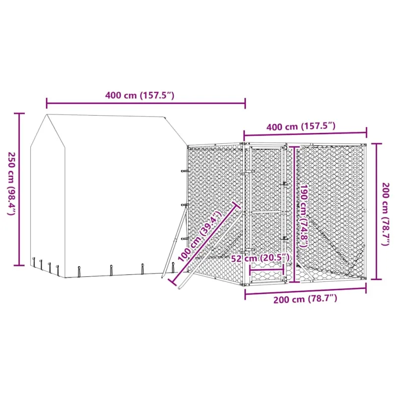 Lauko voljeras šunims su stogu, sidabrinis, 4x4x2,5m, plienas