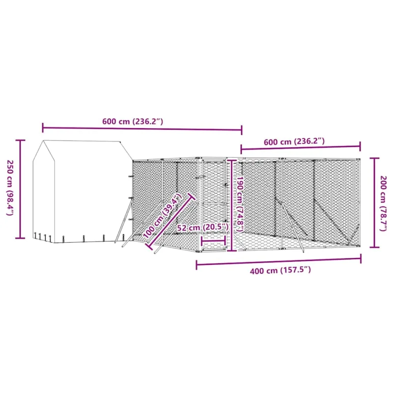 Lauko voljeras šunims su stogu, sidabrinis, 6x6x2,5m, plienas