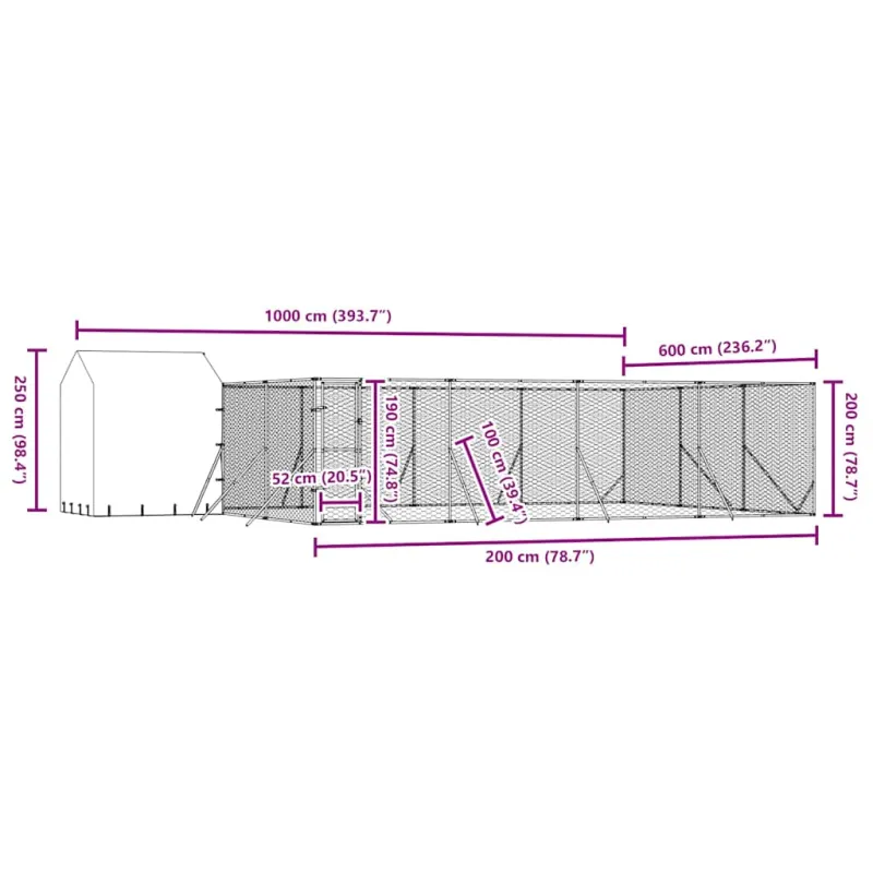 Lauko voljeras šunims su stogu, sidabrinis, 10x6x2,5m, plienas