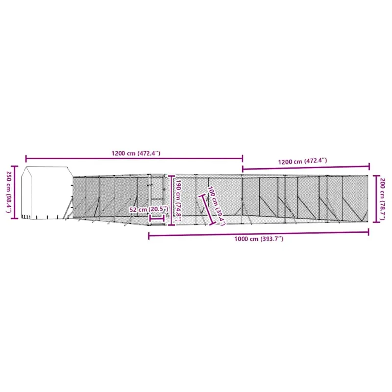 Lauko voljeras šunims su stogu, sidabrinis, 12x12x2,5m, plienas