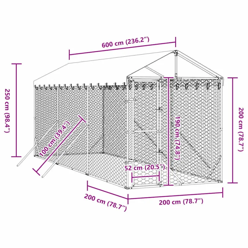 Lauko voljeras šunims su stogu, sidabrinis, 2x6x2,5m, plienas