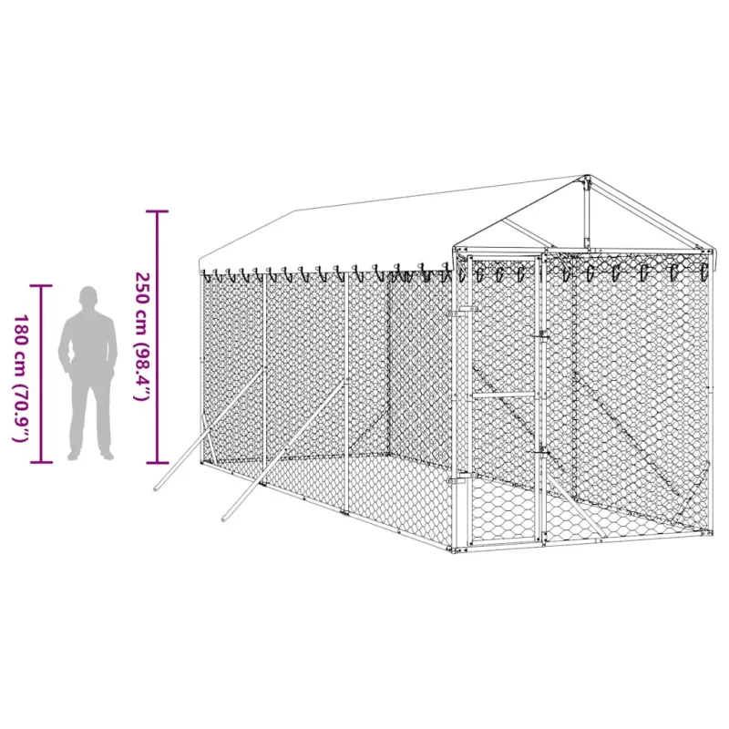 Lauko voljeras šunims su stogu, sidabrinis, 2x6x2,5m, plienas