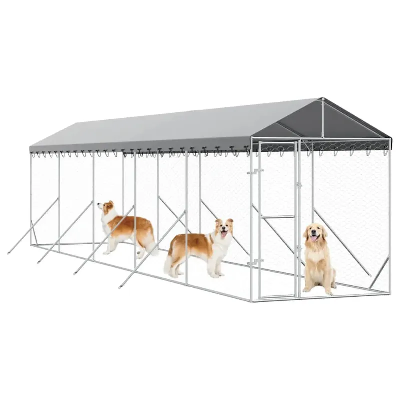 Lauko voljeras šunims su stogu, sidabrinis, 2x10x2,5m, plienas