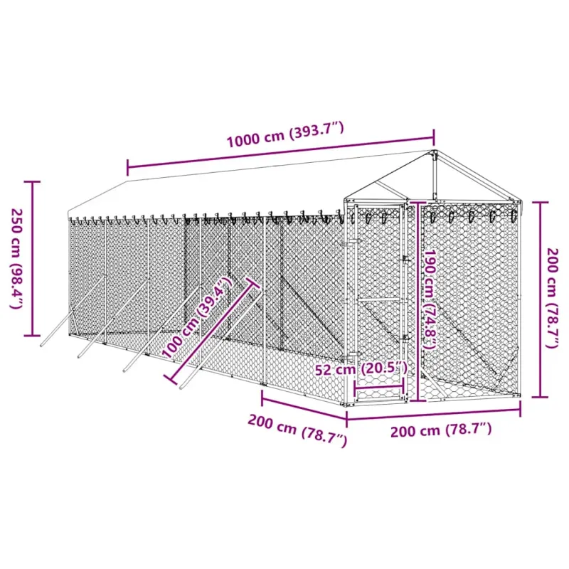 Lauko voljeras šunims su stogu, sidabrinis, 2x10x2,5m, plienas