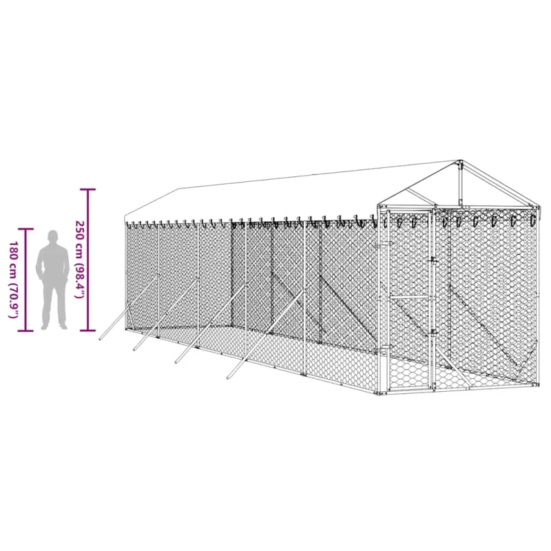 Lauko voljeras šunims su stogu, sidabrinis, 2x10x2,5m, plienas