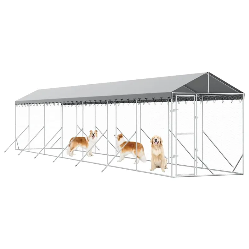 Lauko voljeras šunims su stogu, sidabrinis, 2x14x2,5m, plienas