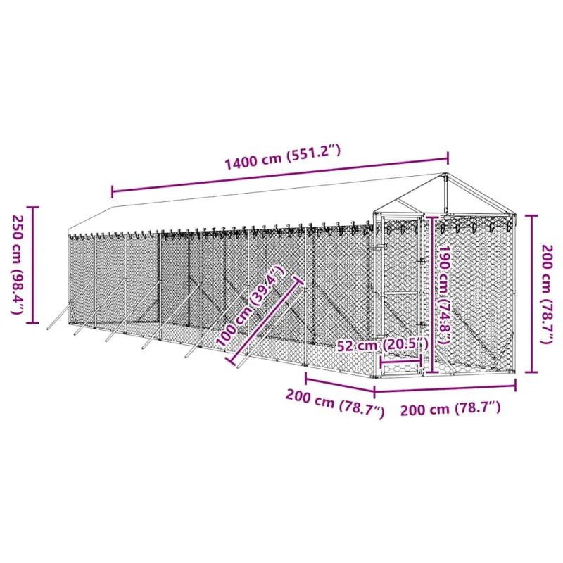 Lauko voljeras šunims su stogu, sidabrinis, 2x14x2,5m, plienas