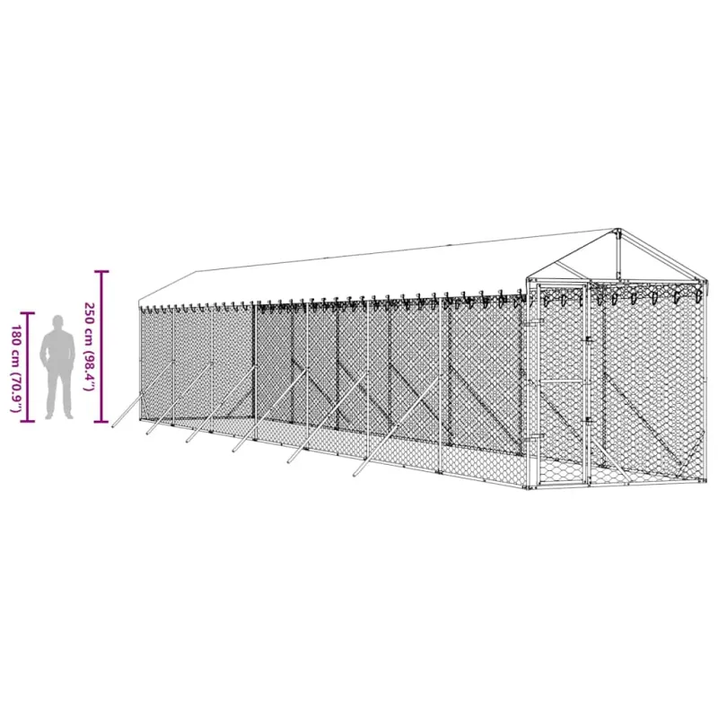 Lauko voljeras šunims su stogu, sidabrinis, 2x14x2,5m, plienas