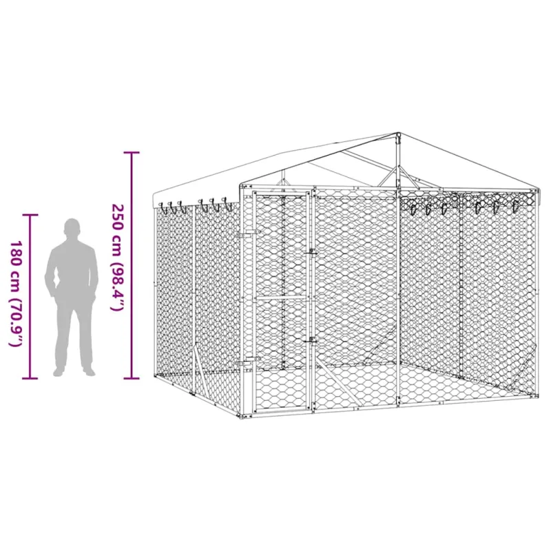 Lauko voljeras šunims su stogu, sidabrinis, 3x3x2,5m, plienas