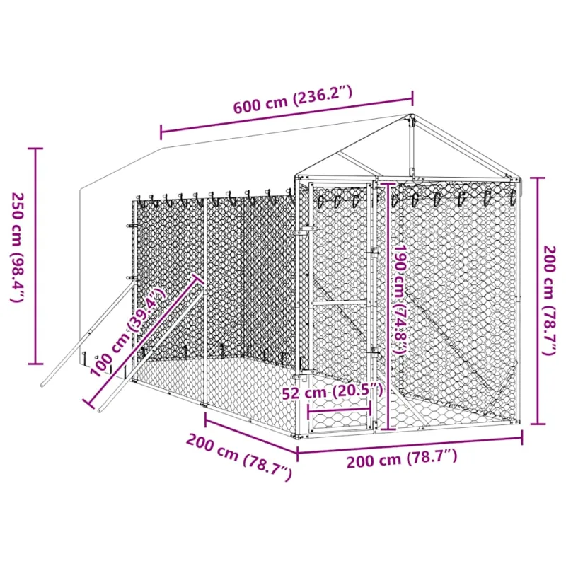 Lauko voljeras šunims su stogu, sidabrinis, 2x6x2,5m, plienas