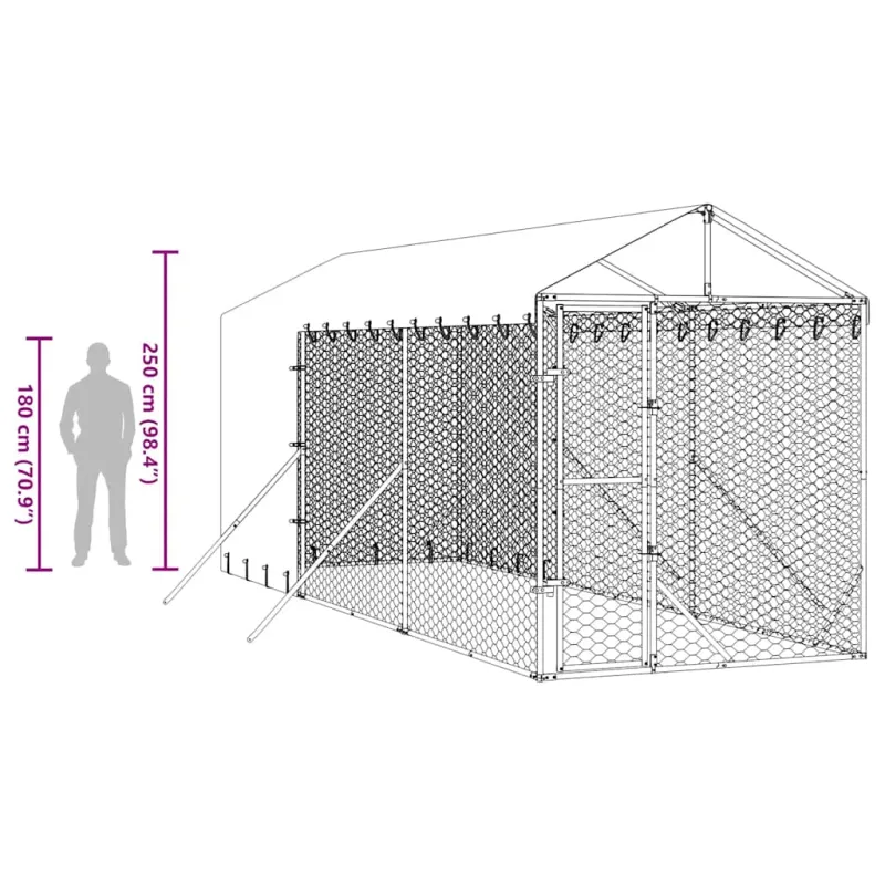 Lauko voljeras šunims su stogu, sidabrinis, 2x6x2,5m, plienas