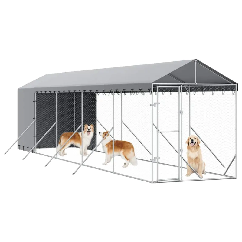 Lauko voljeras šunims su stogu, sidabrinis, 2x10x2,5m, plienas