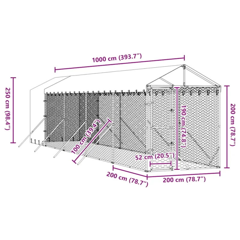 Lauko voljeras šunims su stogu, sidabrinis, 2x10x2,5m, plienas