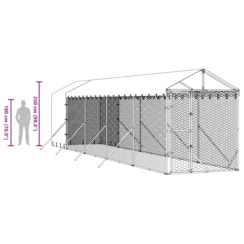 Lauko voljeras šunims su stogu, sidabrinis, 2x10x2,5m, plienas