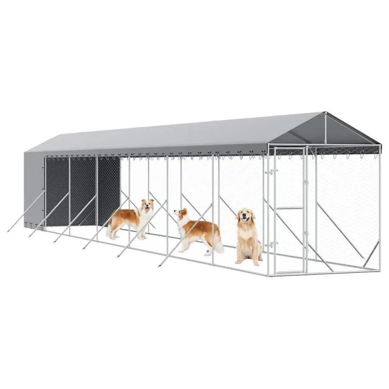 Lauko voljeras šunims su stogu, sidabrinis, 2x14x2,5m, plienas