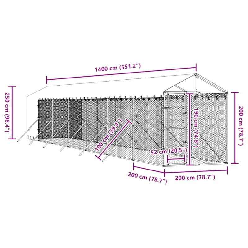 Lauko voljeras šunims su stogu, sidabrinis, 2x14x2,5m, plienas