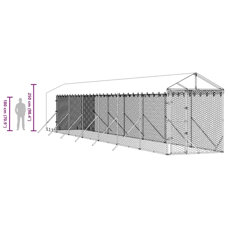 Lauko voljeras šunims su stogu, sidabrinis, 2x14x2,5m, plienas