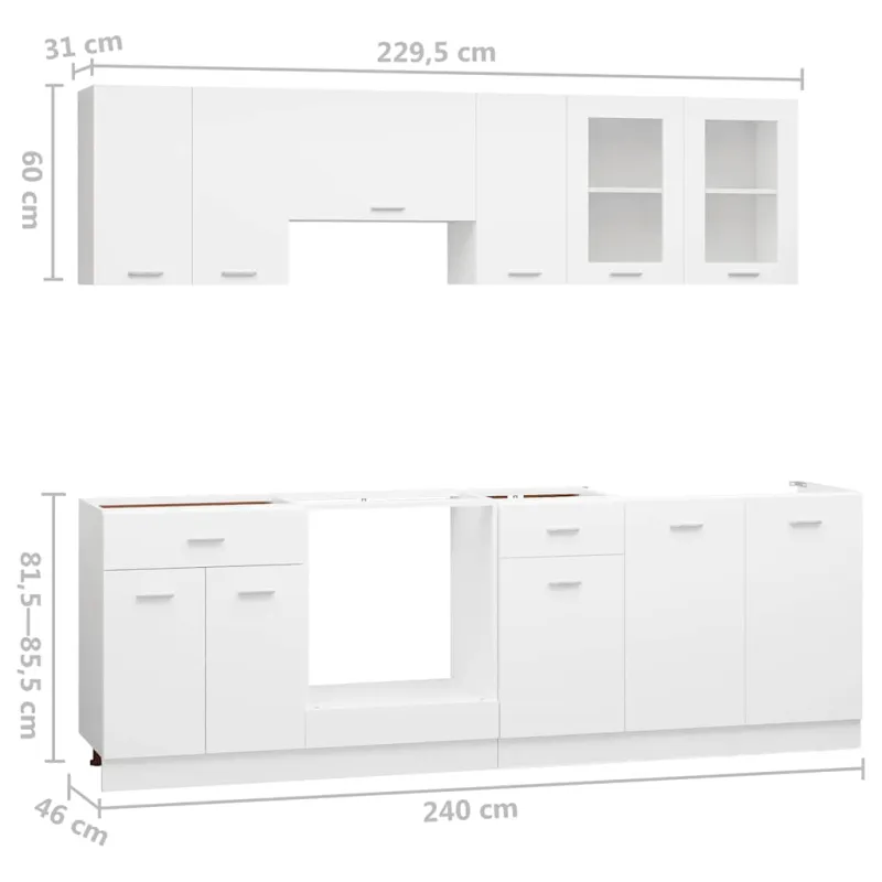 Virtuvės spintelių komplektas, Lyon, 8 dalių, baltos spalvos, mediena