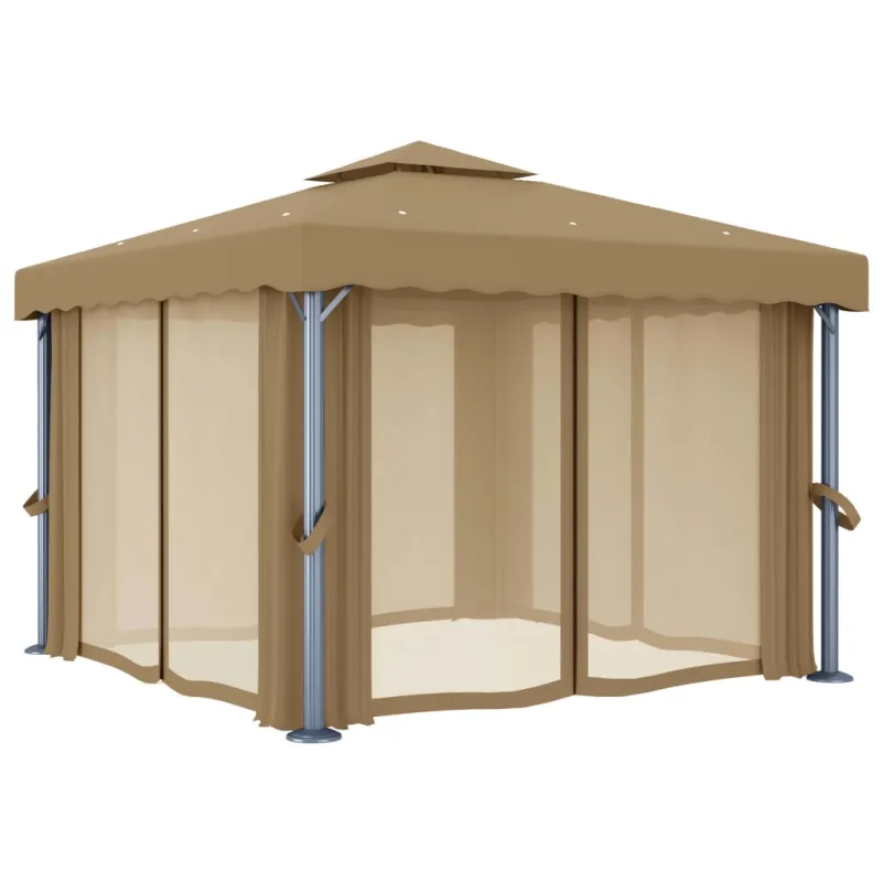 Pavėsinė su užuolaidomis, taupe spalvos, 3x3m, aliuminis