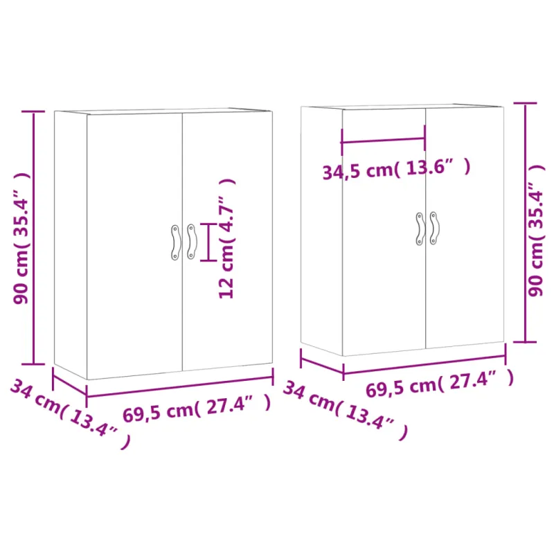 Prie sienos montuojamos spintelės, 2vnt., baltos, 69,5x34x90cm